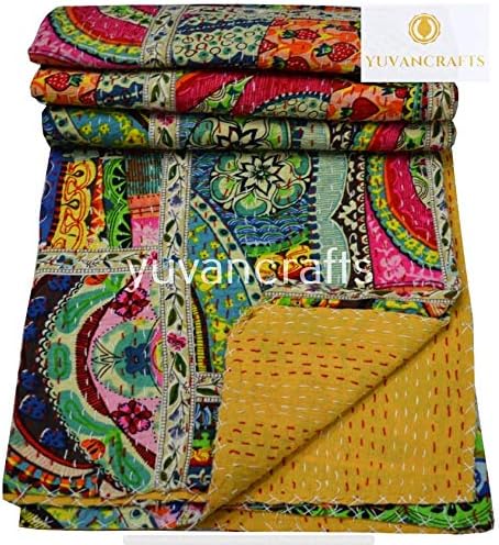 YUVANCRAFTS Patchwork Cotton Kantha Quilt - Indian Traditional Handmade Bedding Vintage Multi Color