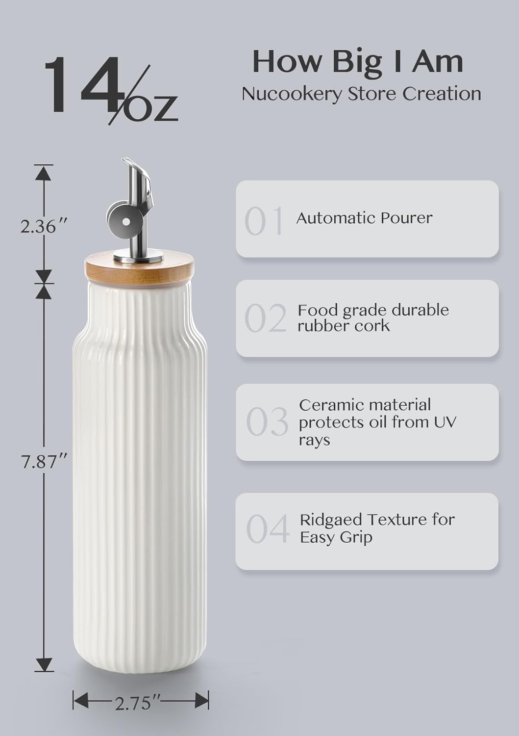 Nucookery Ceramic Olive Oil Dispenser Bottle for Kitchen, 14 oz Opaque Vinegar Dispenser Bottle