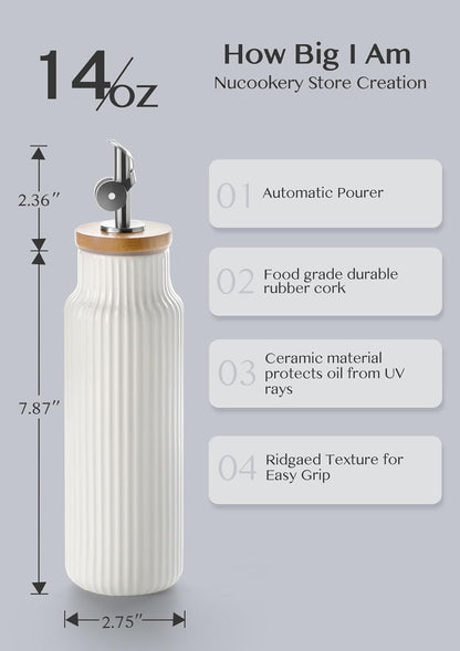 Nucookery Ceramic Olive Oil Dispenser Bottle for Kitchen, 14 oz Opaque Vinegar Dispenser Bottle