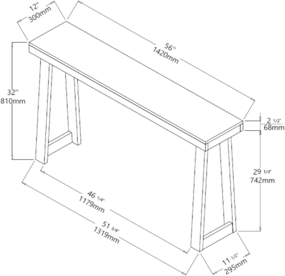 Plank+Beam Solid Wood Console Table, 56 Inch, Sofa Table, Narrow Entryway Table for Hallway, Behind