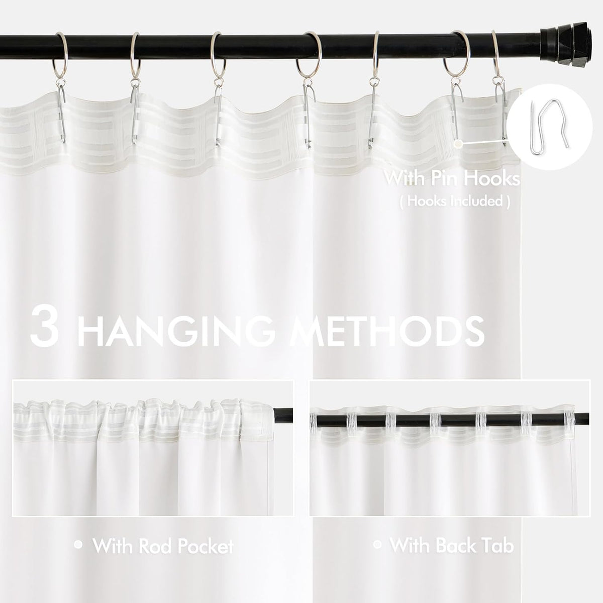 MIULEE Pure White Back Tab Blackout Curtain 96 Inch Long 2 Panels Set for Bedroom, Rod Pocket/Pinch