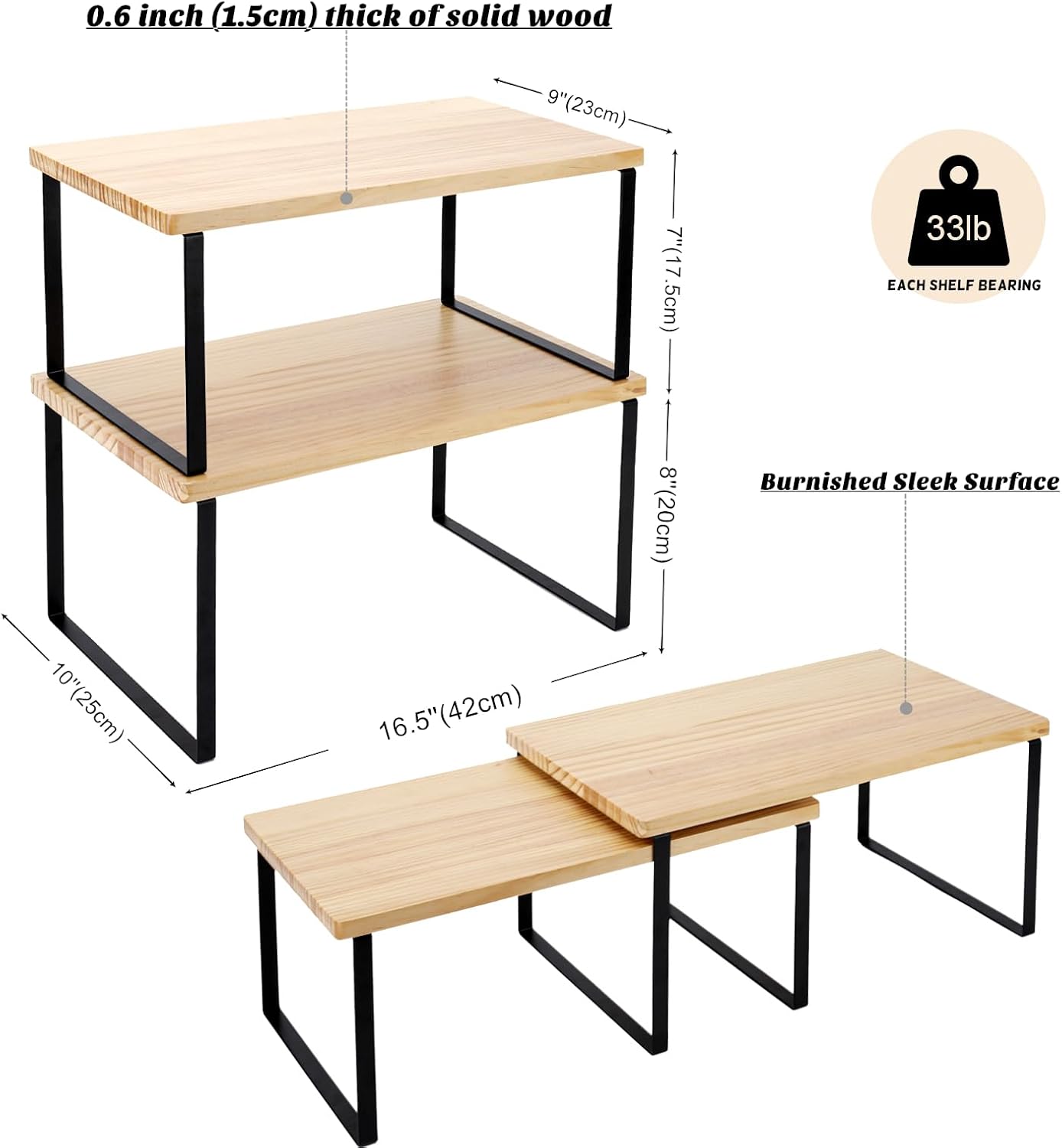 Bamber Large Cabinet Shelf Organizers Solid Wood Spice Rack Organizer for Cabinet Kitchen