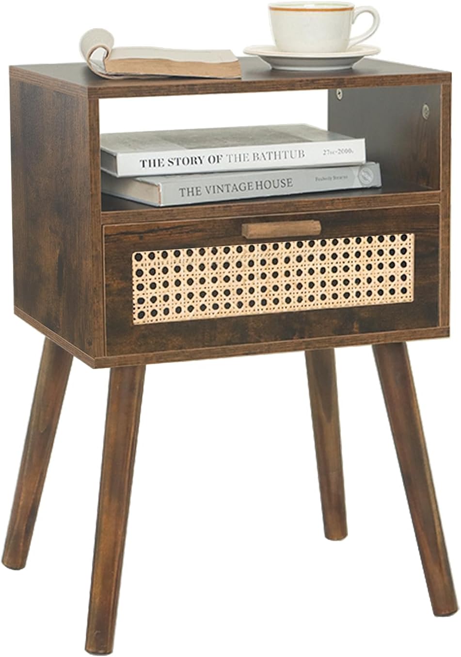 MaxSmeo Mid Century Nightstand, Rattan Side Table with Drawer, Wood Modern Bedside Table for