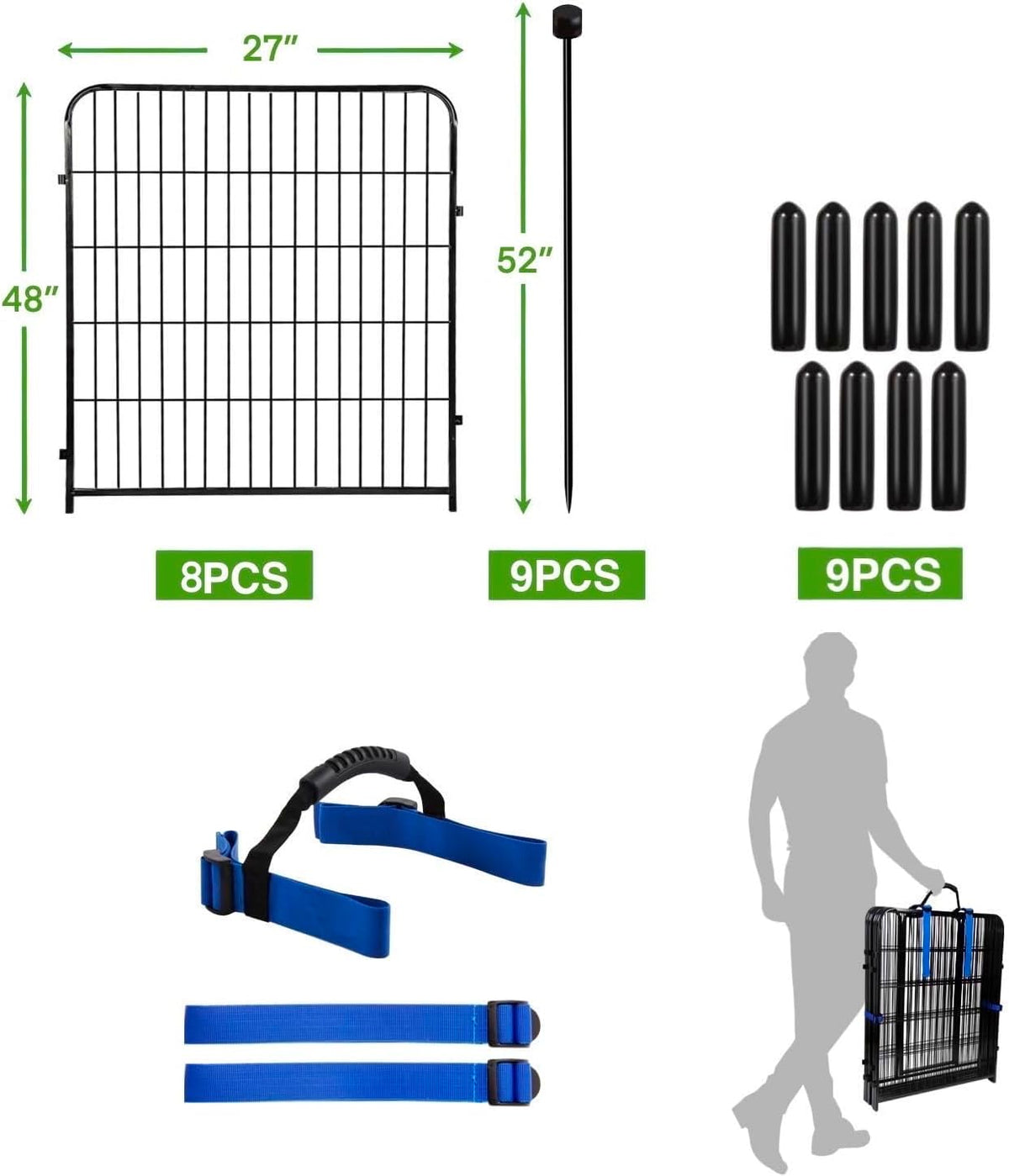 ADAVIN 48 in(H) Garden Fence without Gate, 8 Panels Total 17.7 Ft(L), Dog Fence Outdoor For Yard