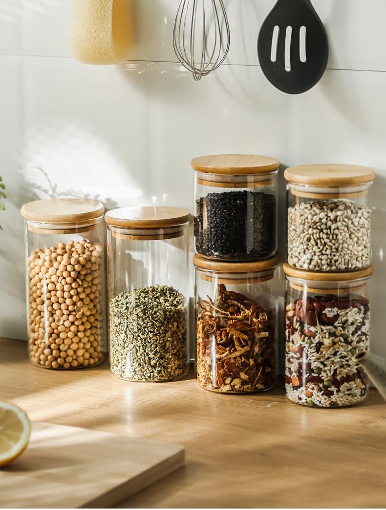 Glass Food Storage Jars, Glass Jars with Bamboo Lids, Kitchen Storage Jars, Canisters with Airtight