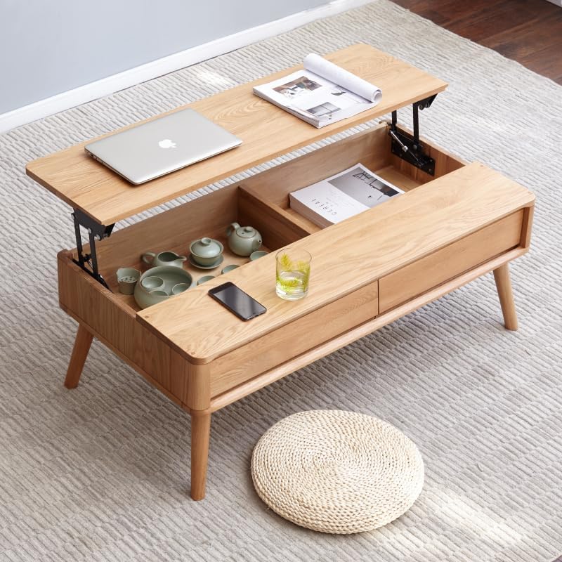 100% Solid Wood Lift Top Coffee Table for Living Room, Mid Century Modern Tables with Drawers and