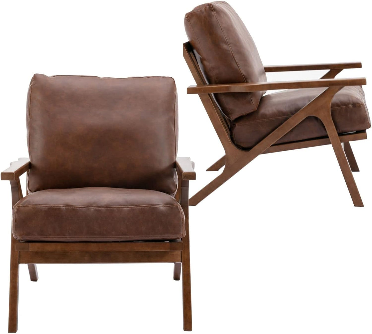 HNY Mid Century Arm Chairs Set of 2, Retro Accent Armchair with Wood Frames & Faux Leather