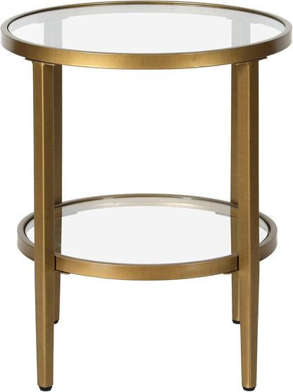 Henn&Hart 20" Wide Round Side Table with Glass Shelf in Antique Brass, Table for Living Room