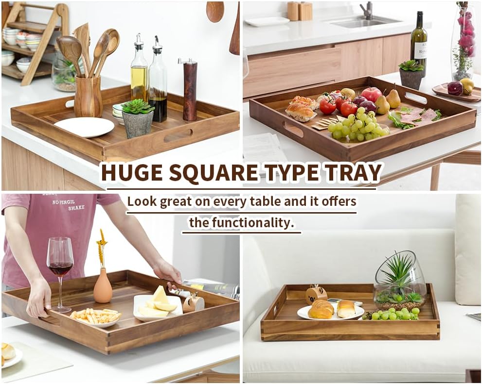 Extra Large Square Wood Tray, Generously 22" Acacia Serving Trays for Large Ottoman Coffee Table
