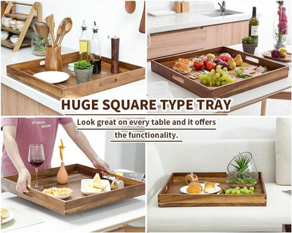 Extra Large Square Wood Tray, Generously 22" Acacia Serving Trays for Large Ottoman Coffee Table