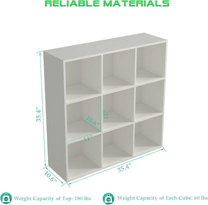 9-Cube Storage Shelf Bookcase - Wooden 3-Tier Floor Standing Open Bookshelf for Home and Office