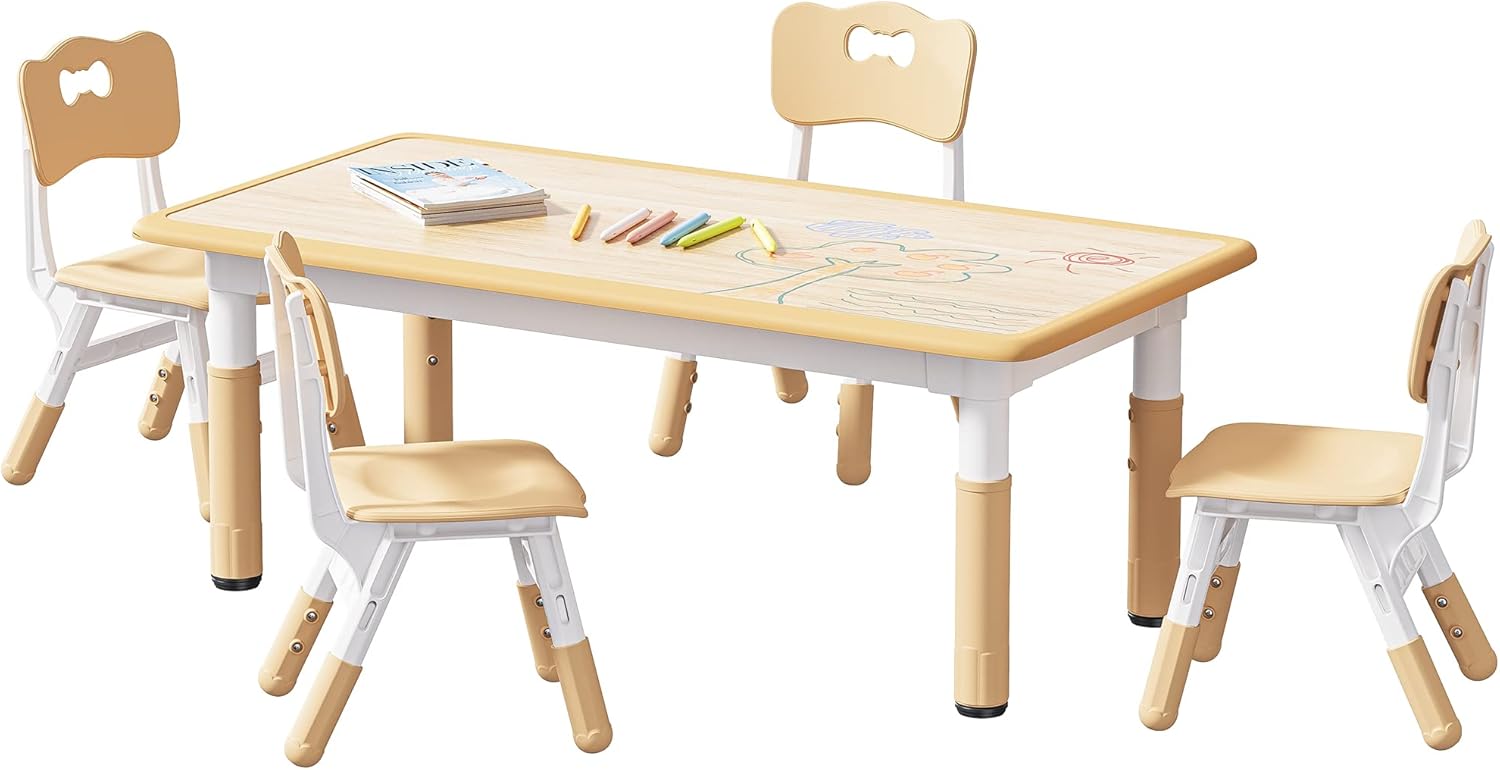 Brelley Kids Table and 4 Chairs Set, Height Adjustable Toddler Table and Chair Set, Graffiti