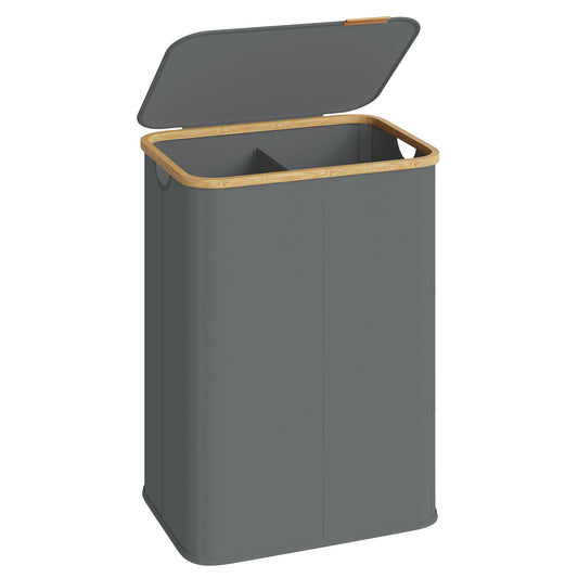 SONGMICS Laundry Hamper, Laundry Basket with Lid, Foldable Storage Basket, Bamboo Frame, for