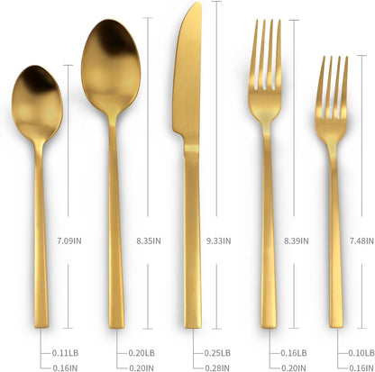 Stainless Steel Flatware Set Hand Forged 18/10 Silverware Set Cutlery Set Gold Cuboid Handle Matte
