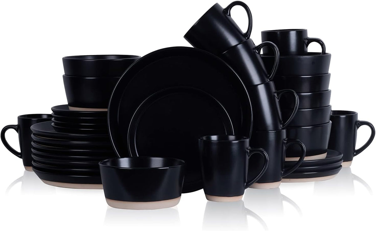 Stone Lain Jules Modern Stoneware 32-Piece Round Black Dinnerware Set, Plates and Bowls Sets, Dish