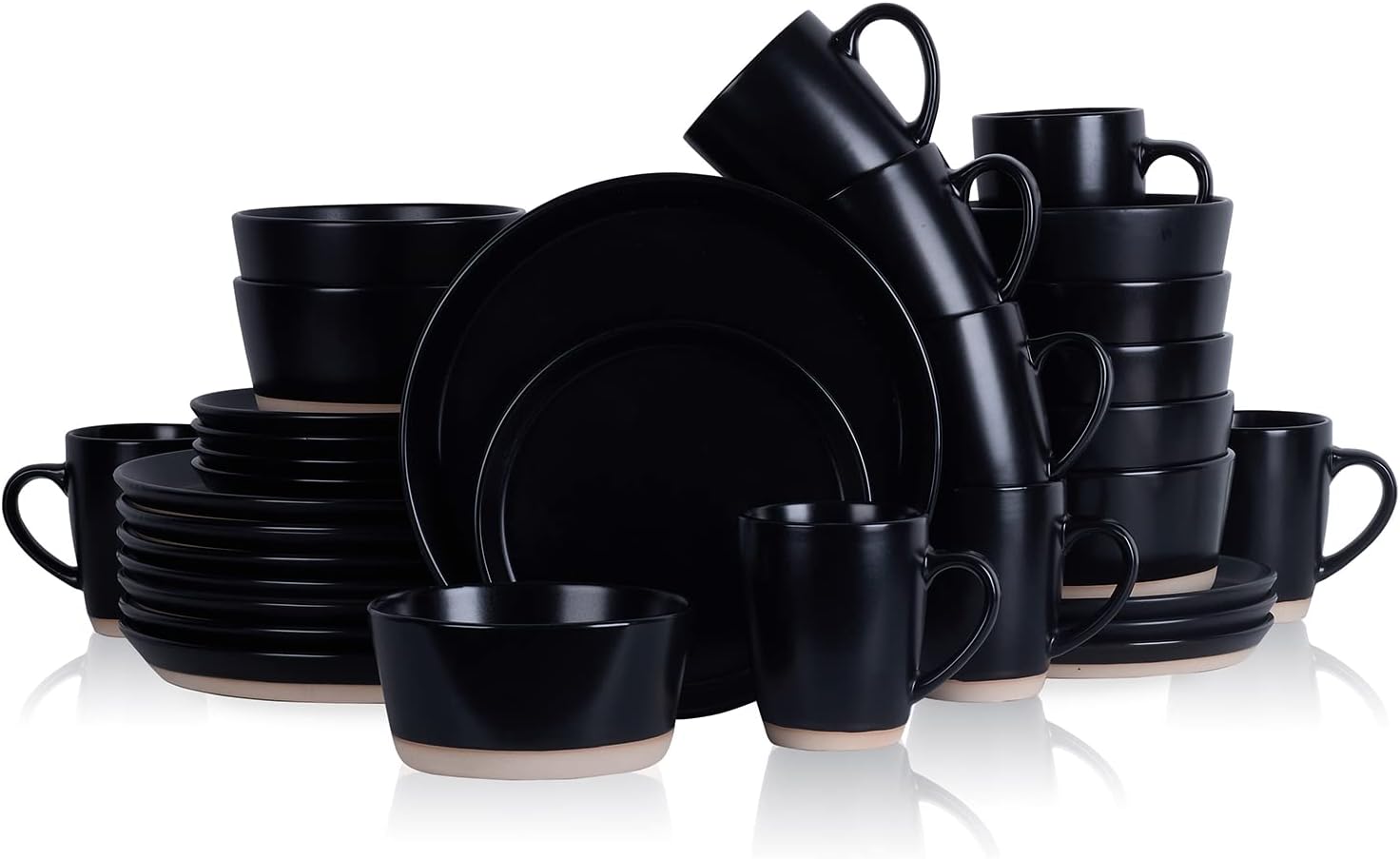 Stone Lain Jules Modern Stoneware 32-Piece Round Black Dinnerware Set, Plates and Bowls Sets, Dish