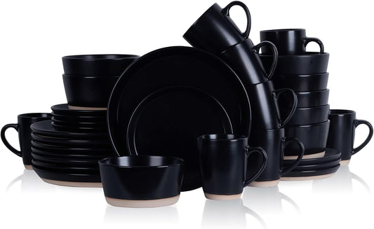 Stone Lain Jules Modern Stoneware 32-Piece Round Black Dinnerware Set, Plates and Bowls Sets, Dish