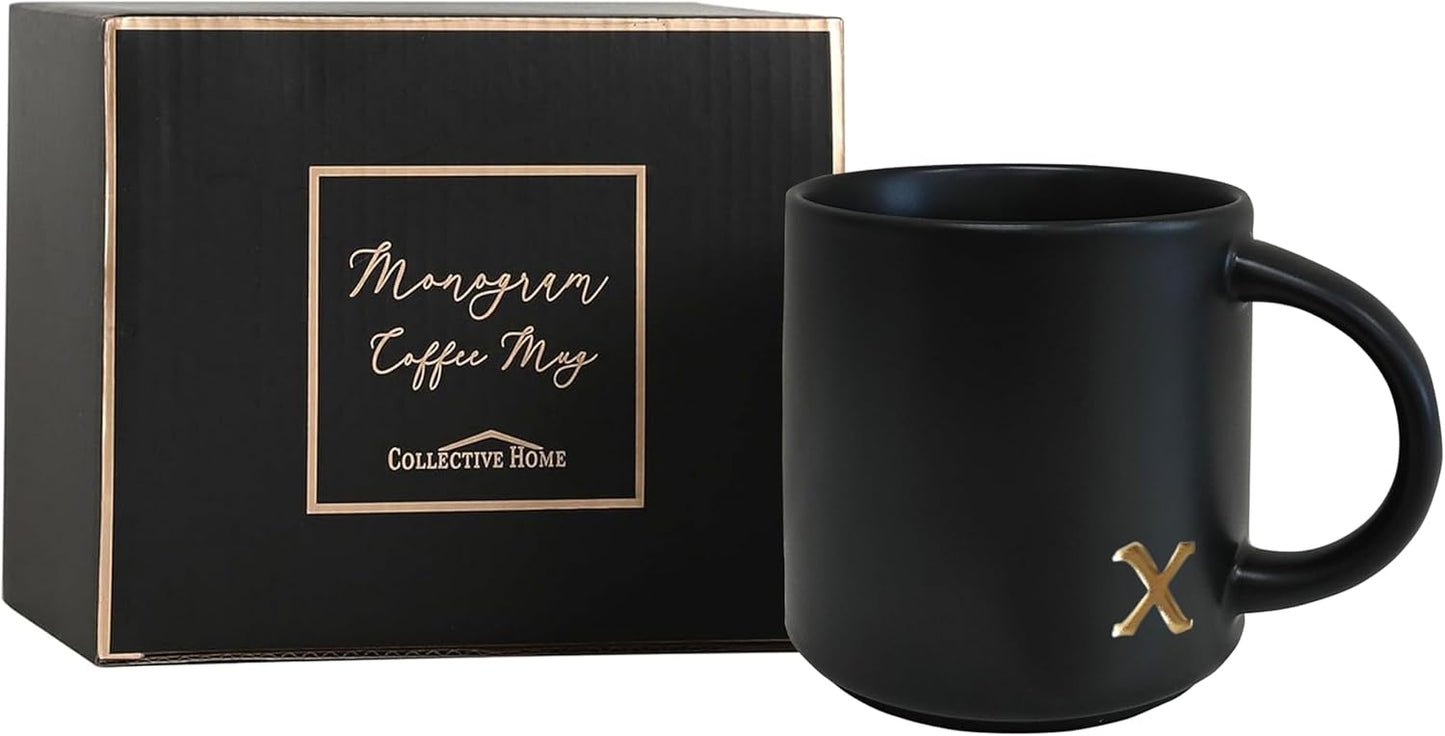COLLECTIVE HOME - Black Monogram Ceramic Mugs, 15 oz Golden Initial Coffee Cups, Elegant Alphabet