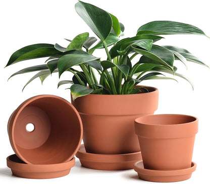 INGOFIN Terracotta Pots Set with Saucer - 5/6/7 inch Ceramic Clay Planters with Drainage Hole