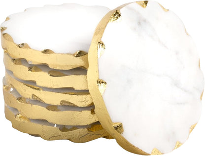 Set of 6 Real Marble Coasters with Golden Borders, decoratice White & Gold Coasters for Desk