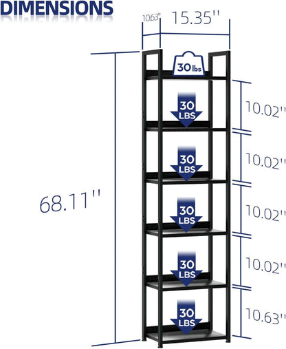 NUMENN Narrow Bookshelf, 6 Tier Bookshelves, Home Office Bookcase Shelf Storage Organizer, Free