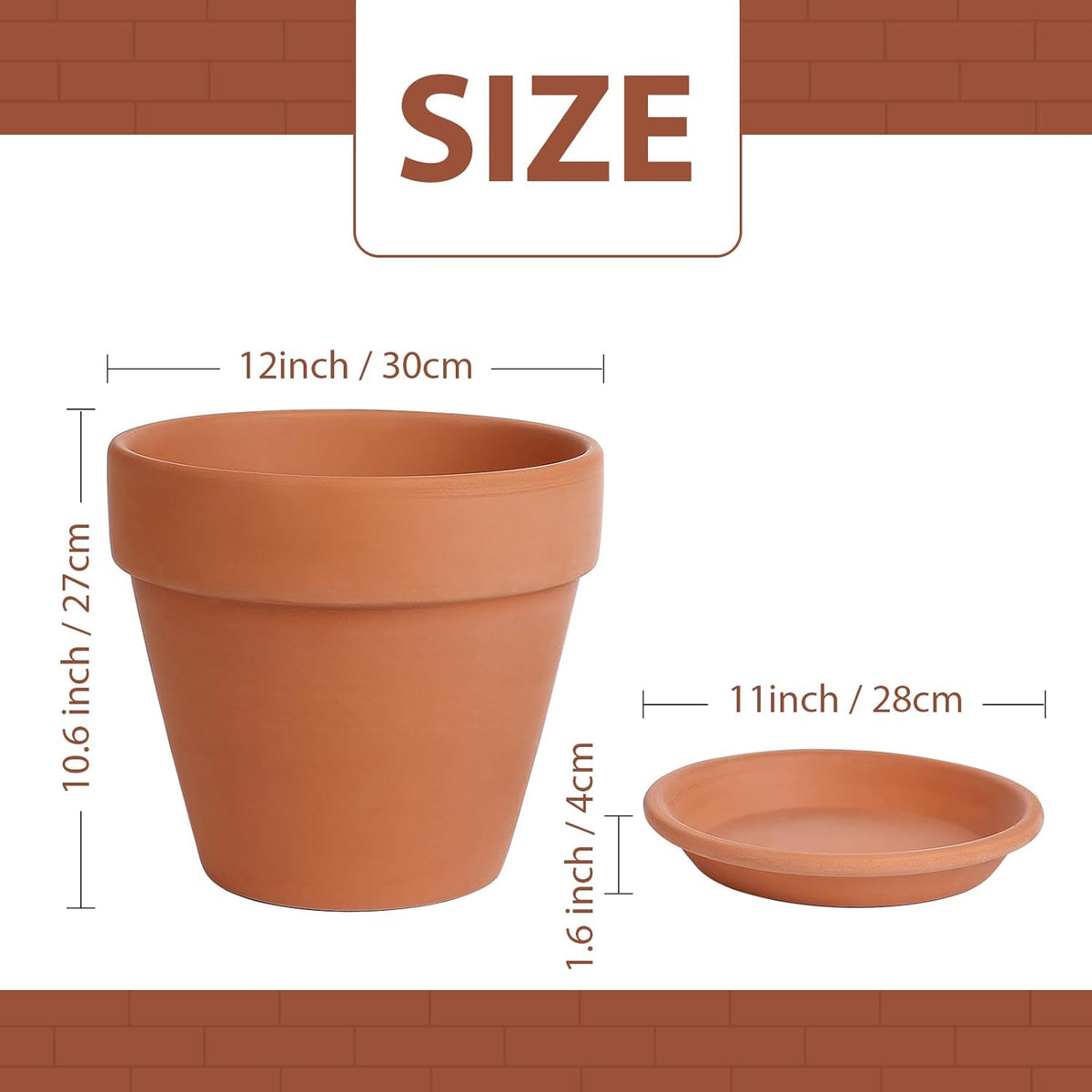 INGOFIN 12 Inch Terracotta Pot with Saucer - Ceramic Clay Pot for Plants with Drainage Hole, Large