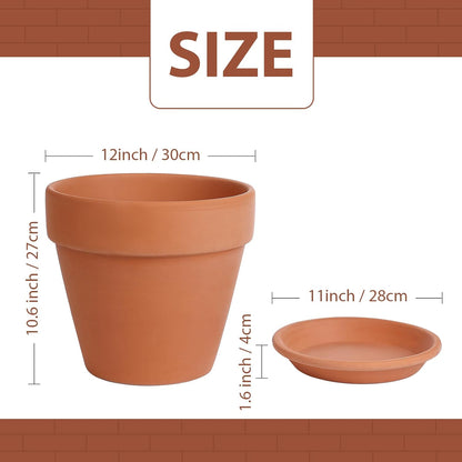 INGOFIN 12 Inch Terracotta Pot with Saucer - Ceramic Clay Pot for Plants with Drainage Hole, Large