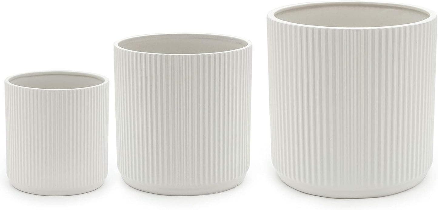 Amazon Basics Assorted Sizes Fluted Ceramic Round Indoor Outdoor Planters with Drainage, Set of 3