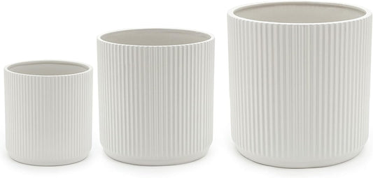 Amazon Basics Assorted Sizes Fluted Ceramic Round Indoor Outdoor Planters with Drainage, Set of 3