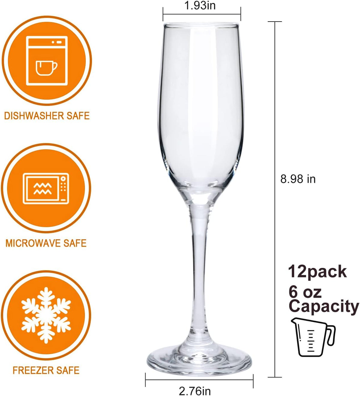 6 oz Champagne Flutes Glass, Wine Flutes Set of 12, for Champagne, Wine, High-End Banquets