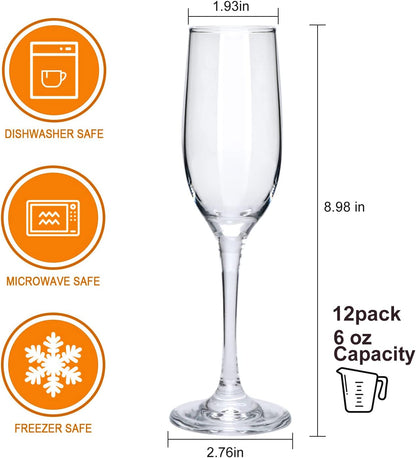 6 oz Champagne Flutes Glass, Wine Flutes Set of 12, for Champagne, Wine, High-End Banquets