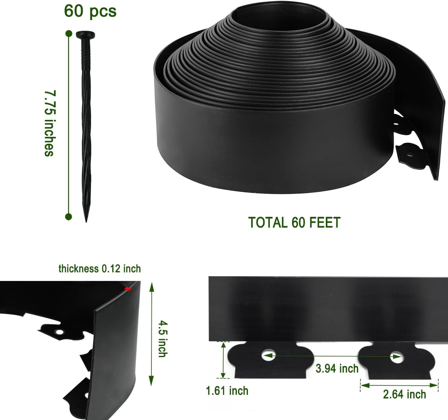 Hugeleaf 4.5 Inch Tall Landscape Edging 60 Feet Garden Edging with 60 Spikes, Plastic Landscape