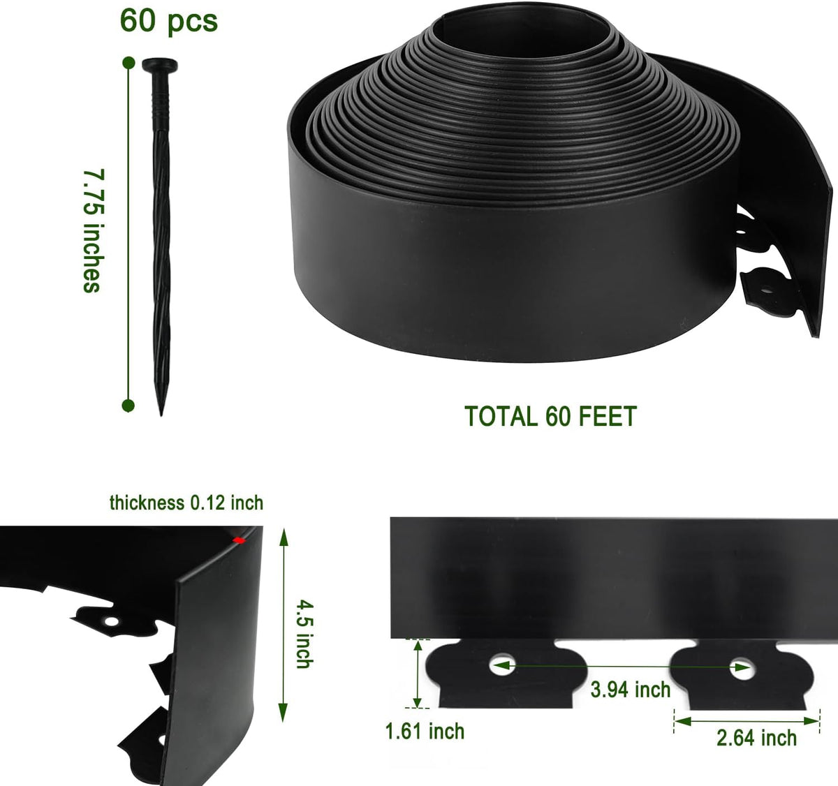 Hugeleaf 4.5 Inch Tall Landscape Edging 60 Feet Garden Edging with 60 Spikes, Plastic Landscape