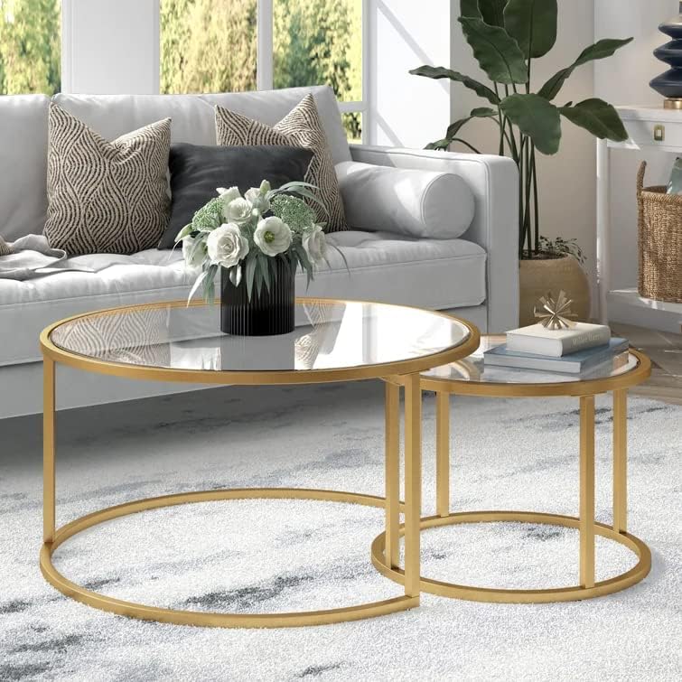 Round Nesting Coffee Table Gold Set of 2 for Living Room, Modern Side Tables with Sturdy Metal