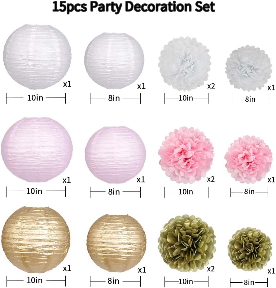 Pink Gold Party Decorations, Pink Gold Paper Lanterns and Pom Poms Flowers for Birthday Party Baby