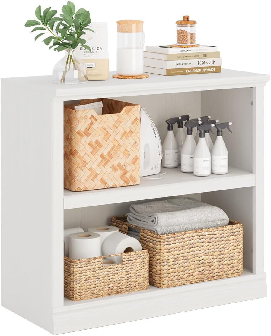 30" Bookcase, White Floor Standing Bookshelf, 2-Tier Display Shelves Open Storage Organizer, Book
