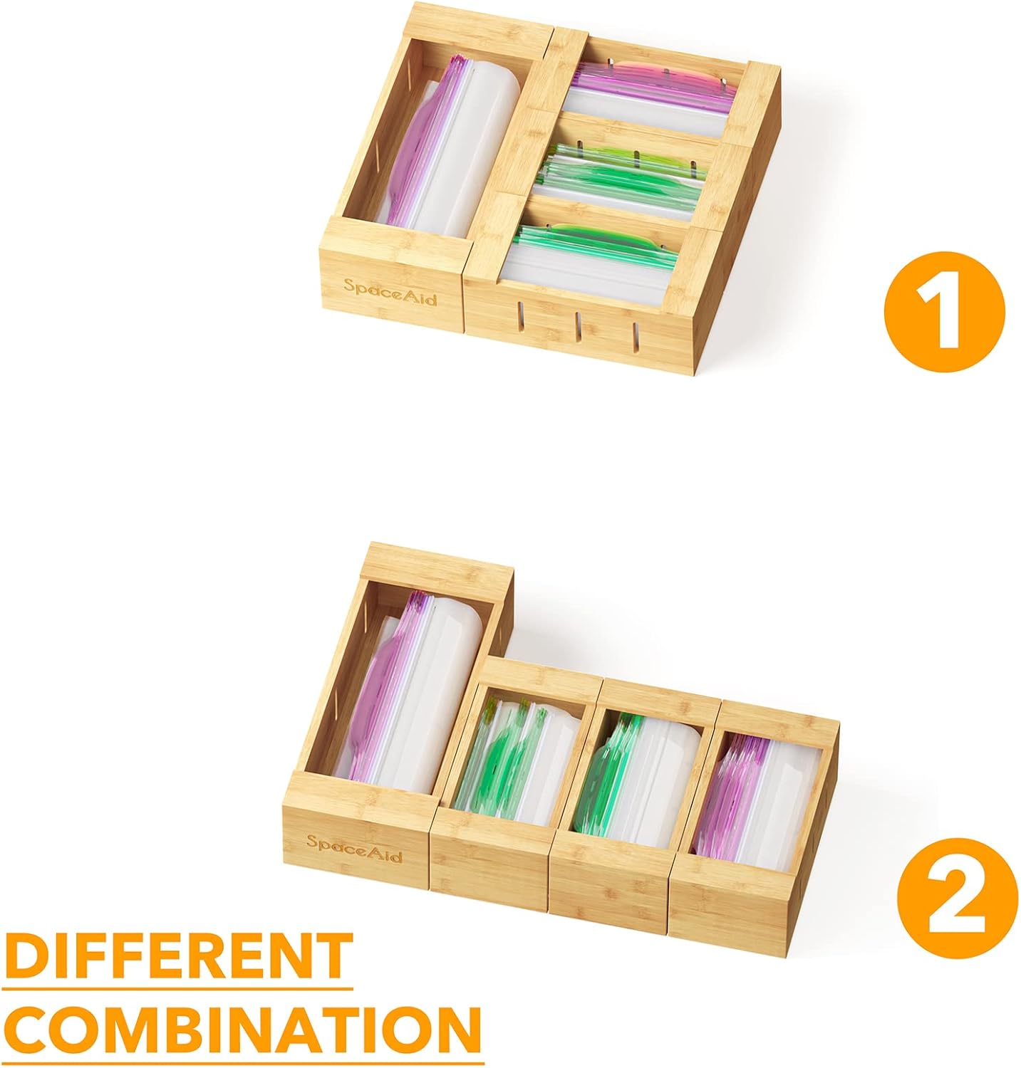 SpaceAid Bag Storage Organizer for Kitchen Drawer, Bamboo Organizer, Compatible with Gallon, Quart