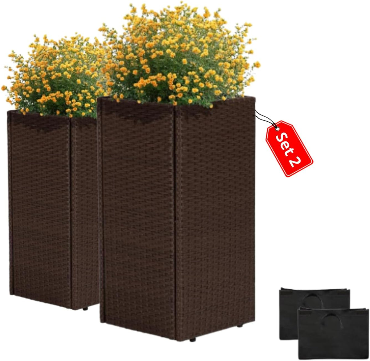IDZO All-Weather Wicker Planters, Set of 2, 24 in Tall Wicker Planters, Self-Watering with