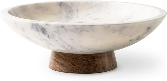 Cork & Mill Marble Decorative Bowl for Home Decor - Handcrafted Natural Stone with Acacia Wood