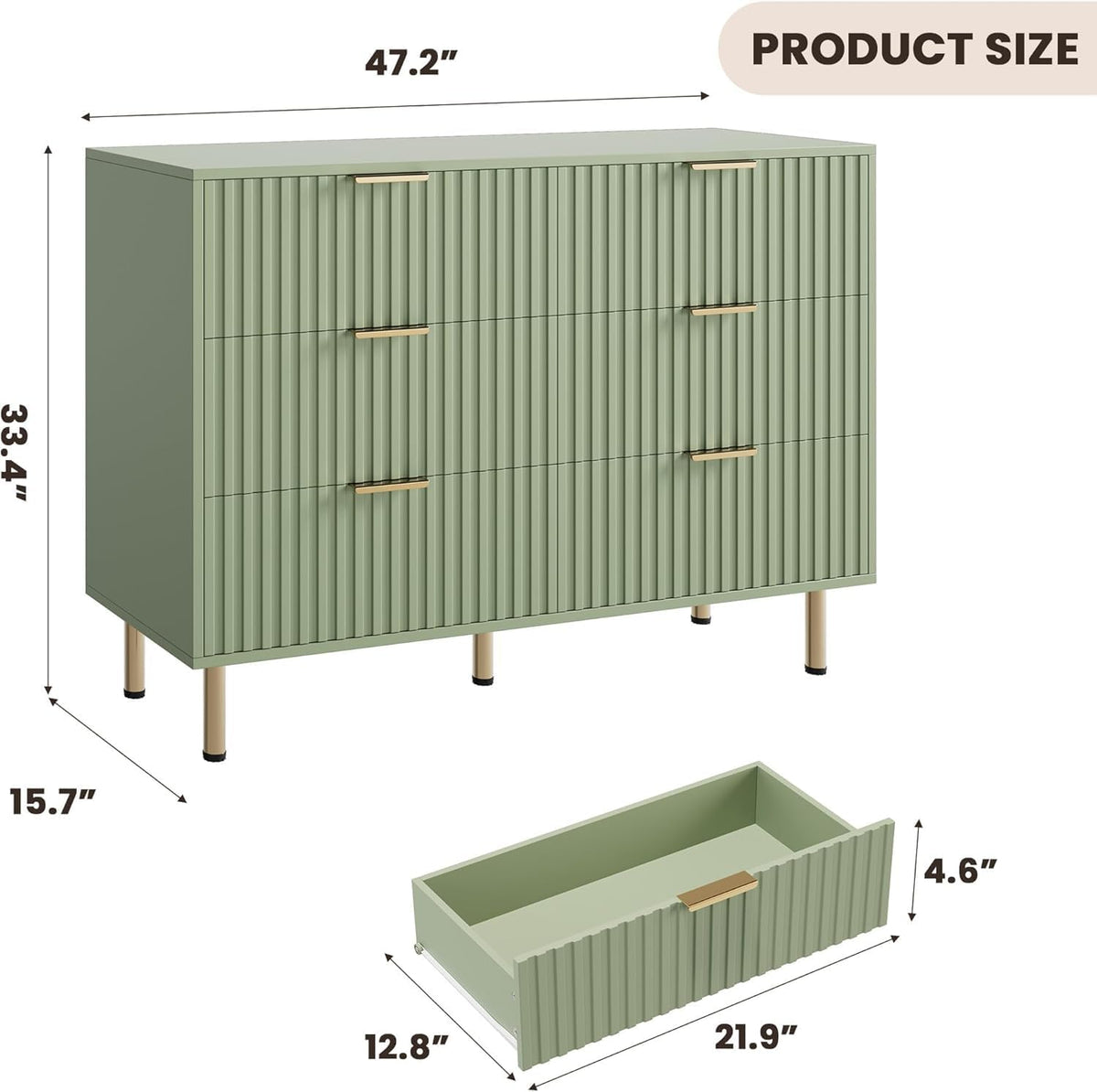 Green 6 Drawer Dresser for Bedroom, Fluted 47.2" Wide Modern Chest of Drawers with Deep Drawers