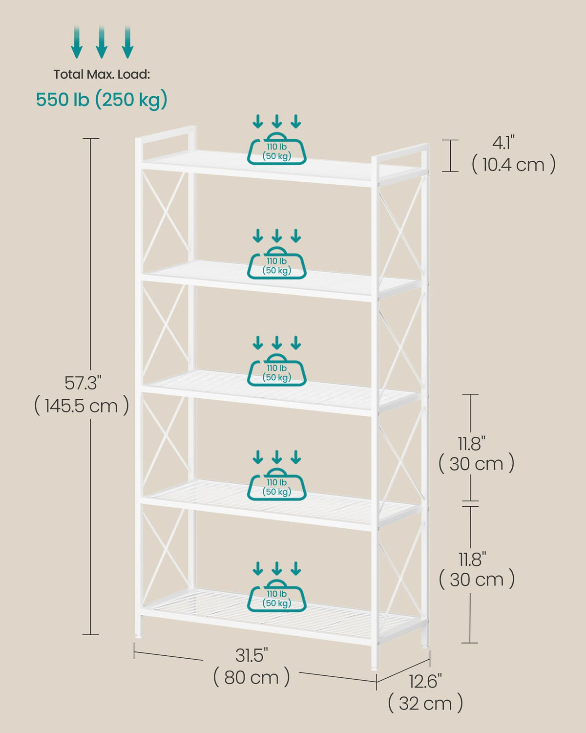 SONGMICS 5-Tier Metal Storage Rack, Shelving Unit with X Side Frames