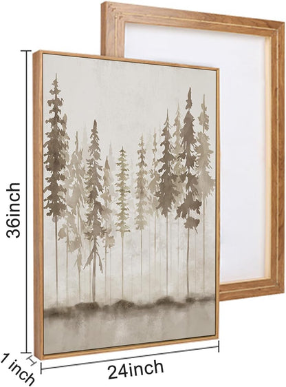 HPINUB Misty Forest Framed Canvas Wall Art Set, Foggy Pine Tree Wall Decor, Pastel Nature Landscape