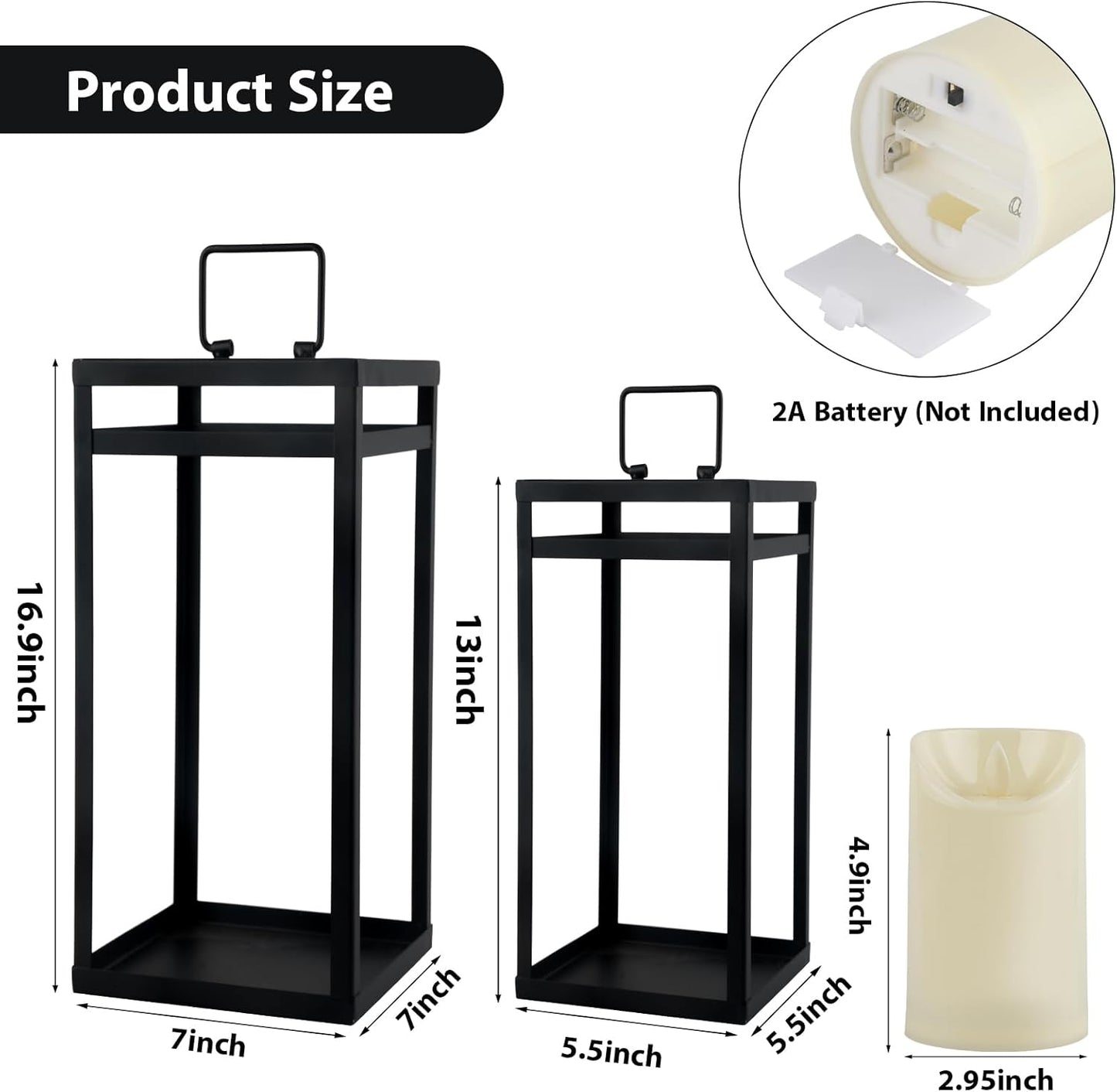 Modern Farmhouse Lantern Decor, 2Pcs Metal Candle Lanterns with Flameless Candles Black Decorative