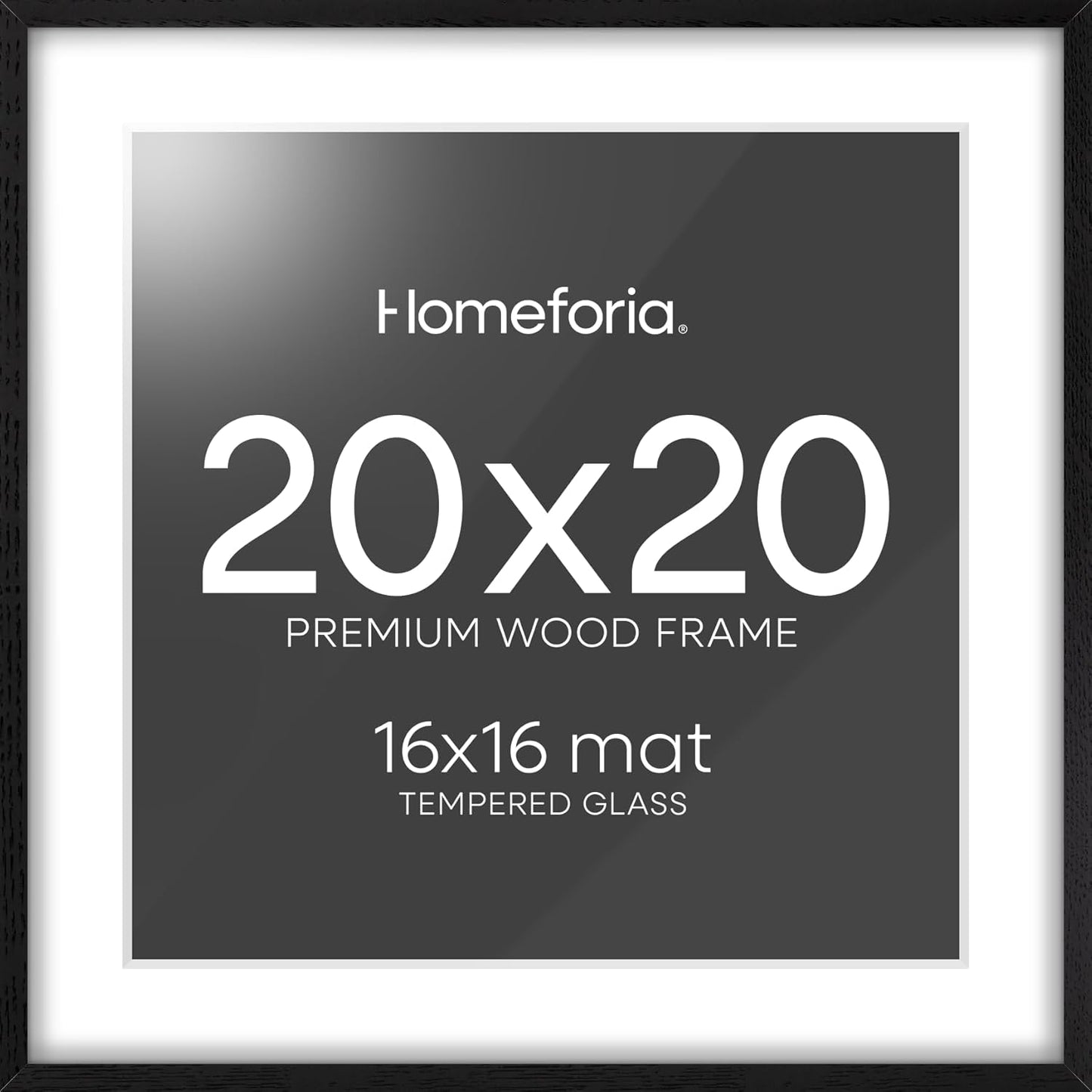 Homeforia 20x20 Black Wood Frame, High End Oak 20 x 20 Square Picture Frames with Mat 16 by 16