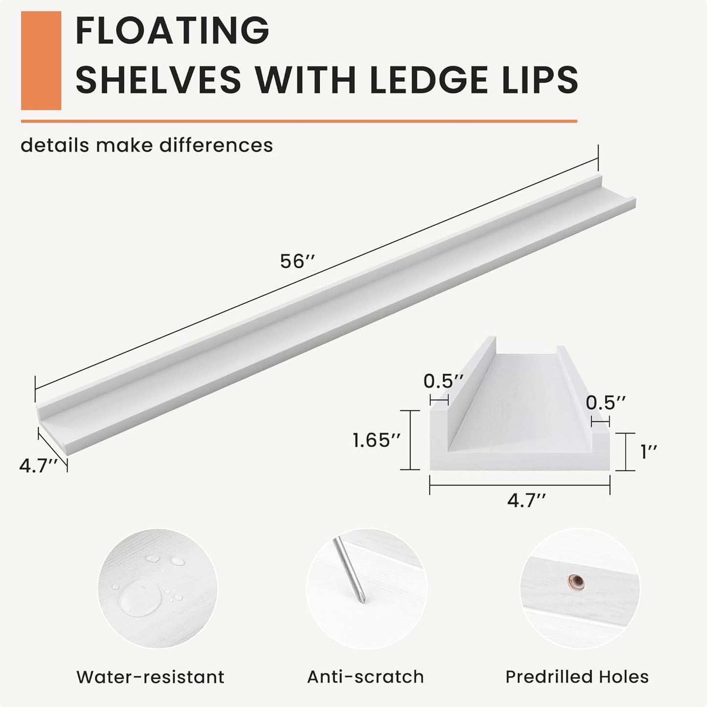 Solid Ash Wood Picture Ledge Shelf, Floating Shelves Set of 2, 56 Inch Long Large Ledge Shelves