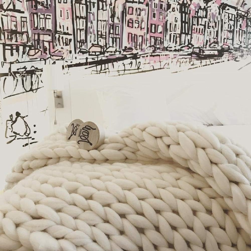 Chunky Knit Blanket Hand Made Merino Wool Throw Boho Bedroom Sofa Home Decor Giant Yarn(Ivory White