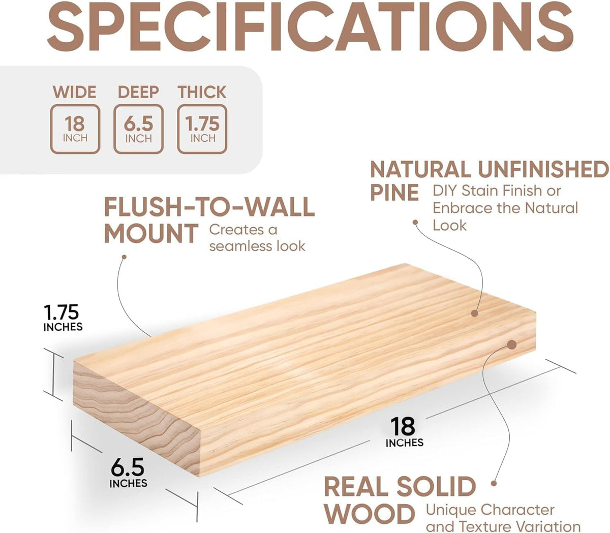 Homeforia 18 inch Wood Floating Shelves, High End Solid Natural Wood 18inch Floating Shelf for Wall