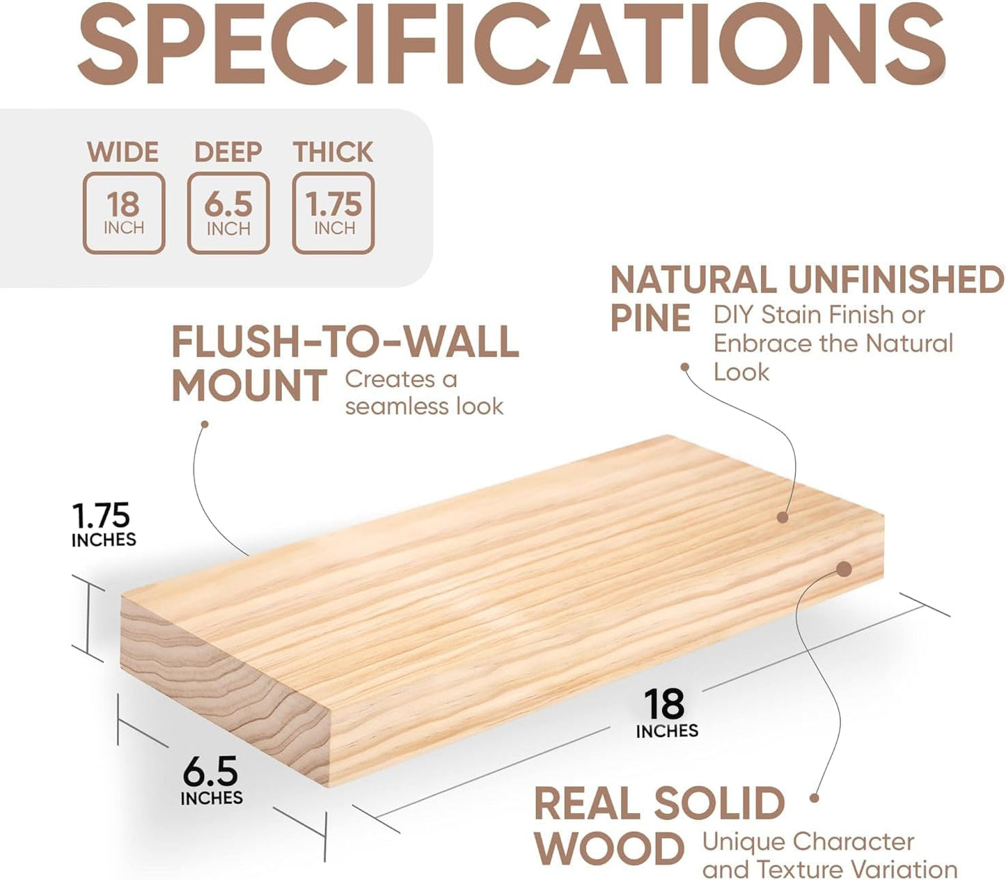 Homeforia 18 inch Wood Floating Shelves, High End Solid Natural Wood 18inch Floating Shelf for Wall