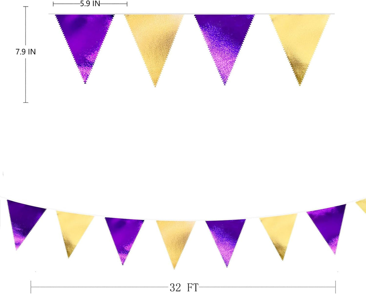 Purple and Gold Party Decorations Metallic Fabric Triangle Pennant Banner Flag Bunting Garland for