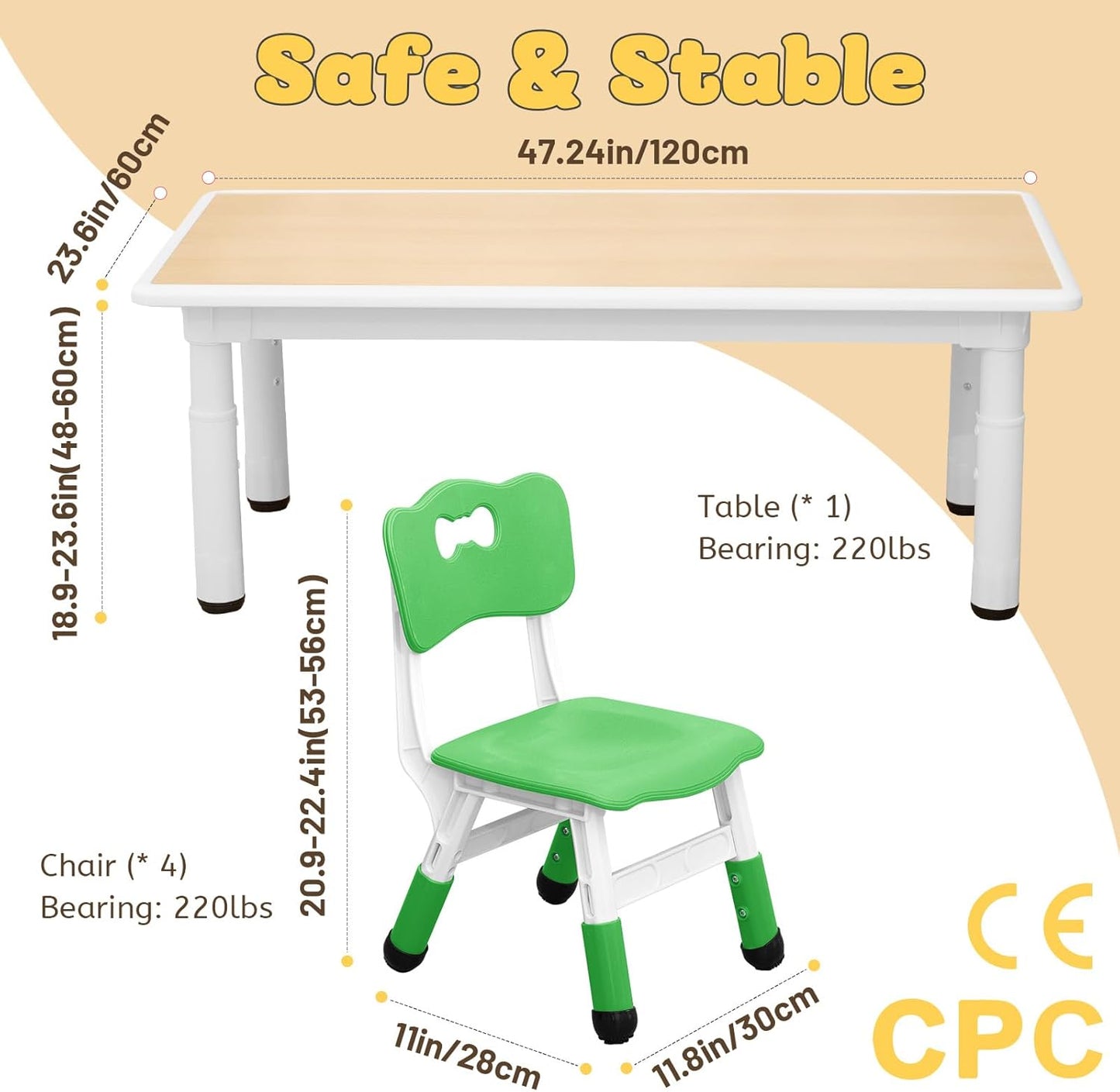 FUNLIO Kids Table and 4 Chairs Set for Ages 3-8, Height Adjustable Toddler Table and Chair Set